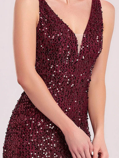 V-neck Sequin Slit Floor Length Evening Dress