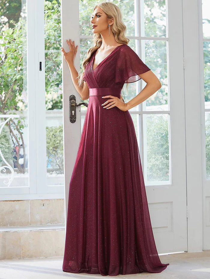 Sparkling Short Sleeve V-Neck Ribbon Waist A-Line Evening Dress