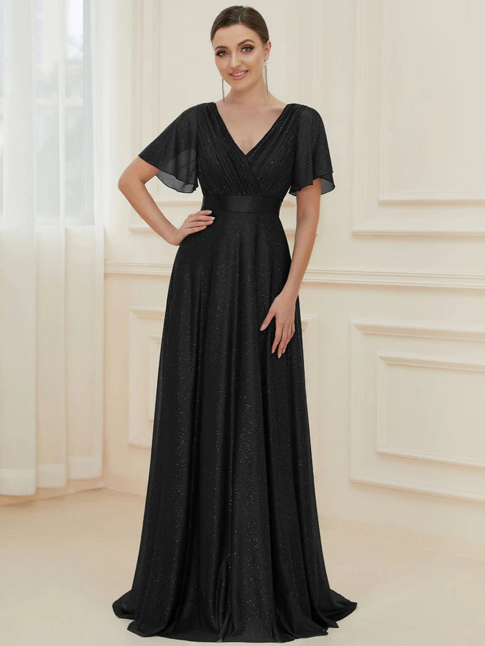 Sparkling Short Sleeve V-Neck Ribbon Waist A-Line Evening Dress