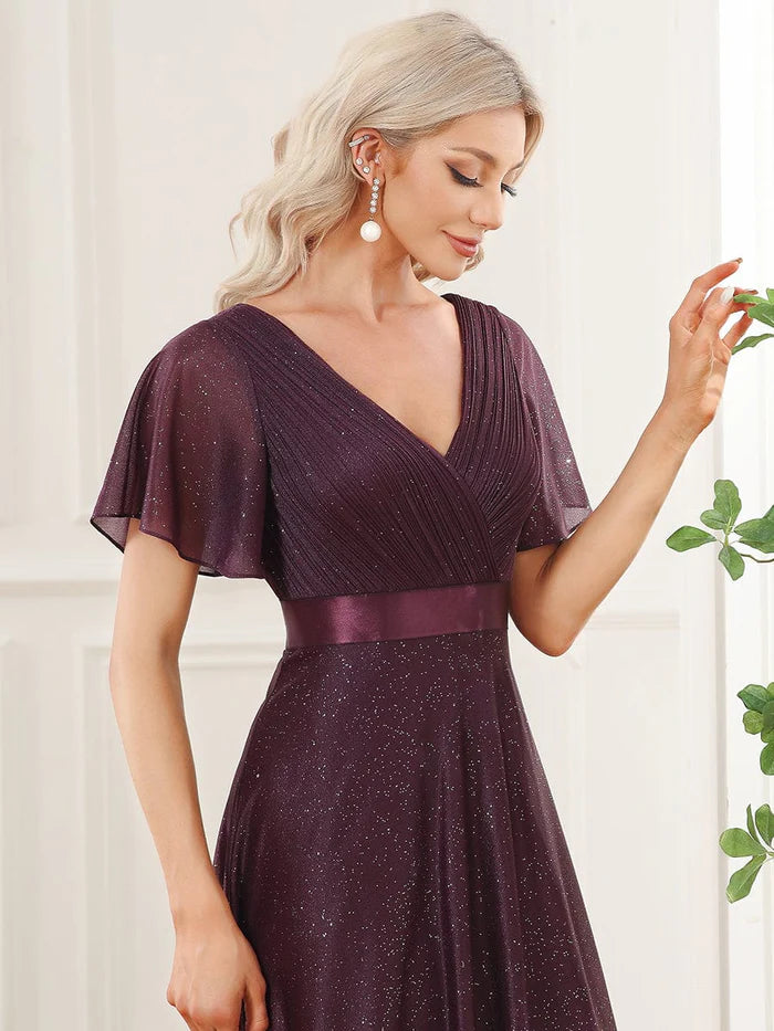 Sparkling Short Sleeve V-Neck Ribbon Waist A-Line Evening Dress