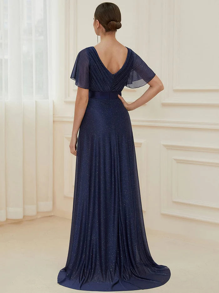 Sparkling Short Sleeve V-Neck Ribbon Waist A-Line Evening Dress