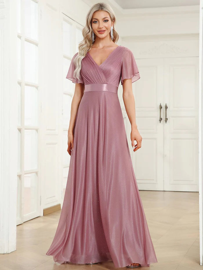 Sparkling Short Sleeve V-Neck Ribbon Waist A-Line Evening Dress