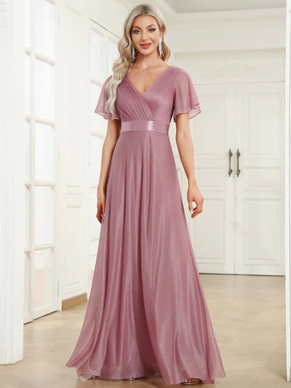 Sparkling Short Sleeve V-Neck Ribbon Waist A-Line Evening Dress