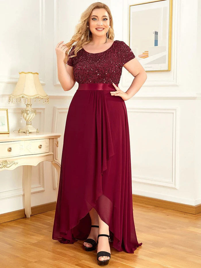 Plus Size Sequin Short Sleeve High Low Evening Dress