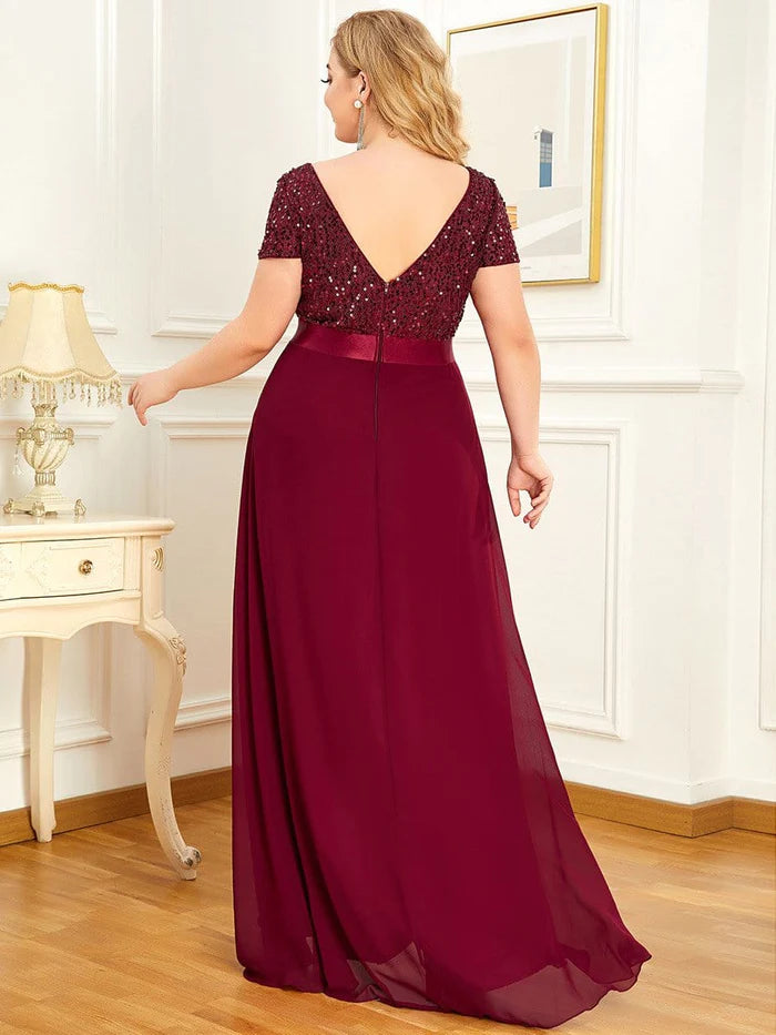 Plus Size Sequin Short Sleeve High Low Evening Dress