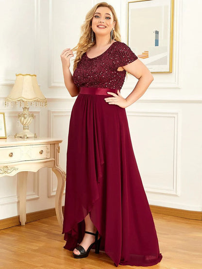 Plus Size Sequin Short Sleeve High Low Evening Dress