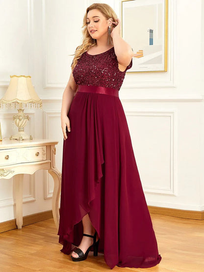 Plus Size Sequin Short Sleeve High Low Evening Dress