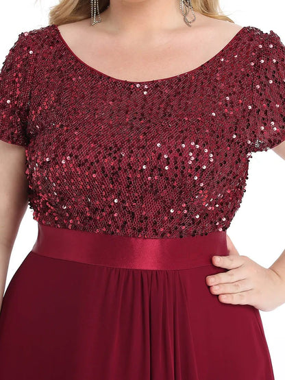 Plus Size Sequin Short Sleeve High Low Evening Dress