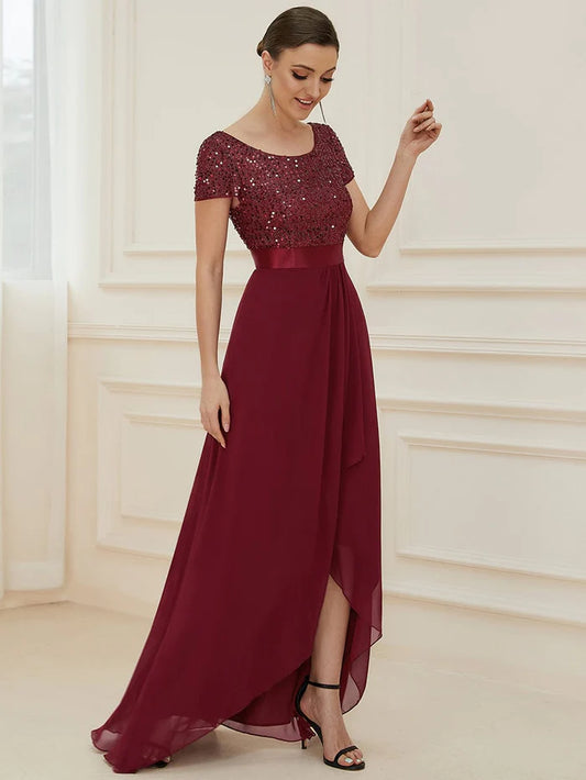 Sequin Short Sleeve High Low Evening Dress