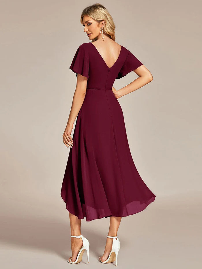 High Low Chiffon Wedding Guest Dress with V-Neck and Ruffle Sleeves