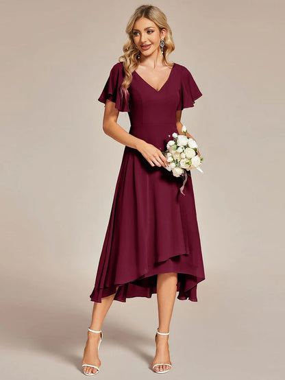 High Low Chiffon Wedding Guest Dress with V-Neck and Ruffle Sleeves