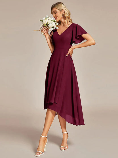 High Low Chiffon Wedding Guest Dress with V-Neck and Ruffle Sleeves