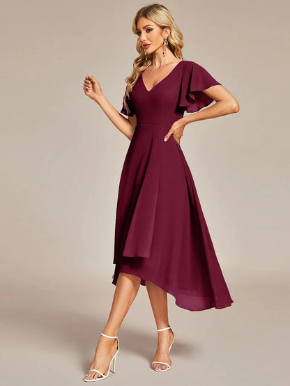 High Low Chiffon Wedding Guest Dress with V-Neck and Ruffle Sleeves