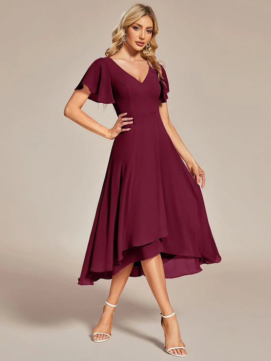 High Low Chiffon Wedding Guest Dress with V-Neck and Ruffle Sleeves