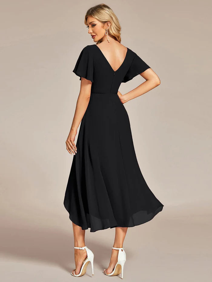 High Low Chiffon Wedding Guest Dress with V-Neck and Ruffle Sleeves