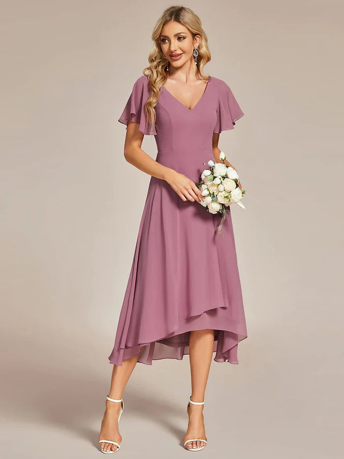 High Low Chiffon Wedding Guest Dress with V-Neck and Ruffle Sleeves