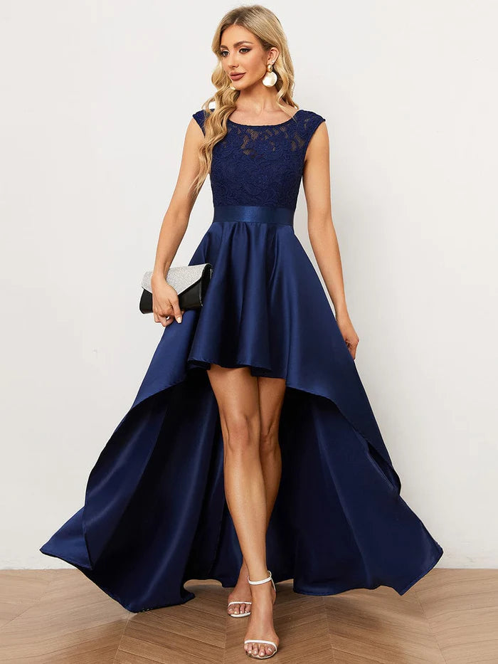 Elegant Sleeveless High-low Lace Top Wedding Guest Dress