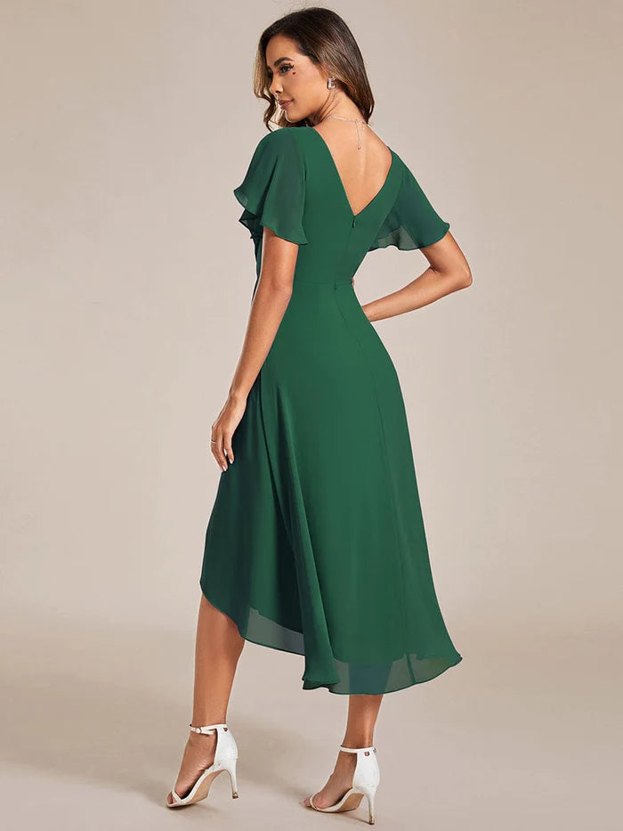 Chic V Neck High-Low Wedding Guest Dress