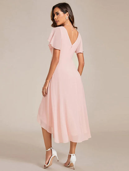 Chic V Neck High-Low Wedding Guest Dress