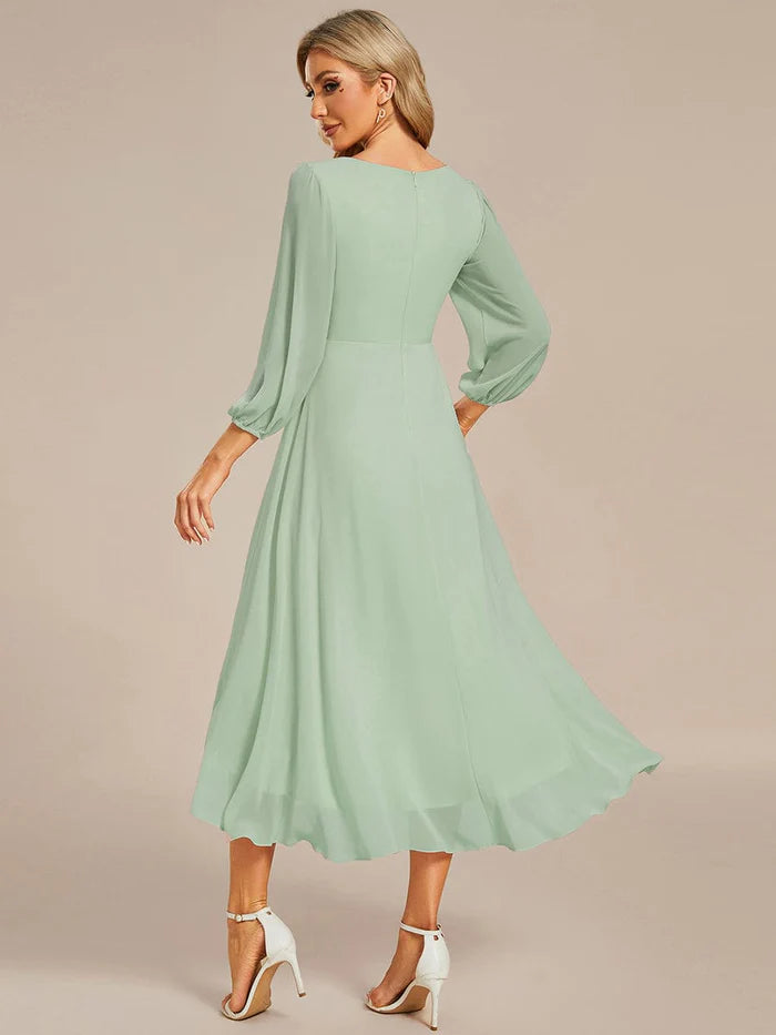 Chiffon Long Sleeve V-Neck High-Low Wedding Guest Dress