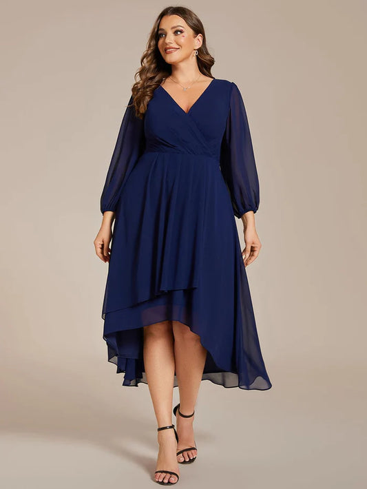 Plus Size Long Sleeve V-Neck Chiffon High Low Wedding Guest Dress