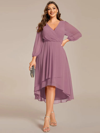 Chiffon Long Sleeve V-Neck High-Low Wedding Guest Dress