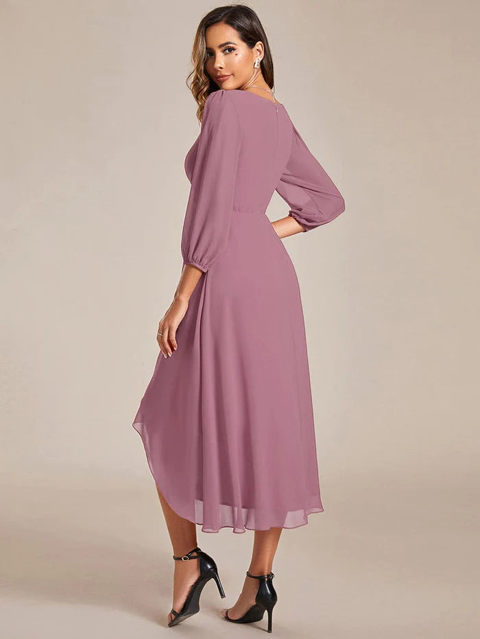 Chiffon Long Sleeve V-Neck High-Low Wedding Guest Dress