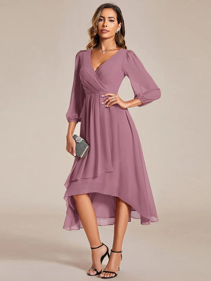 Chiffon Long Sleeve V-Neck High-Low Wedding Guest Dress