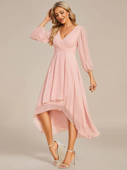 Chiffon Long Sleeve V-Neck High-Low Wedding Guest Dress