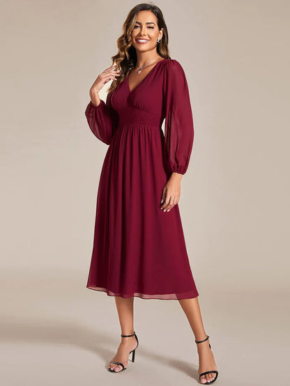 Elegant V Neck Long Sleeves Midi Wedding Guest Dress