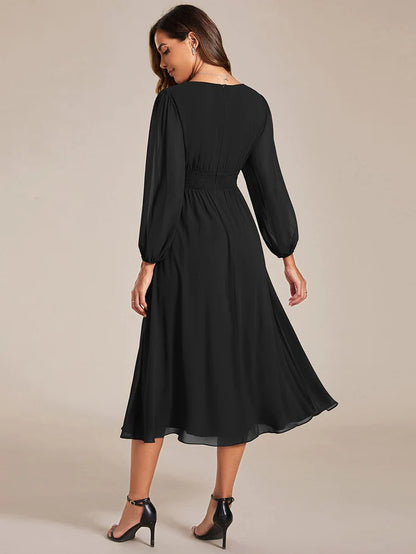 Elegant V Neck Long Sleeves Midi Wedding Guest Dress