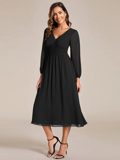 Elegant V Neck Long Sleeves Midi Wedding Guest Dress