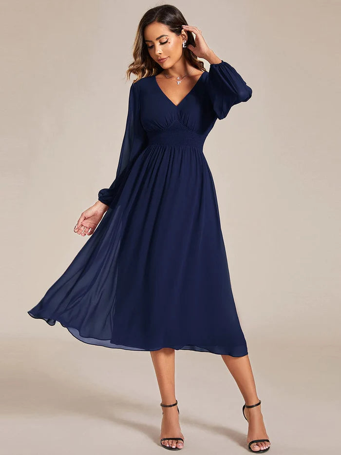 Elegant V Neck Long Sleeves Midi Wedding Guest Dress