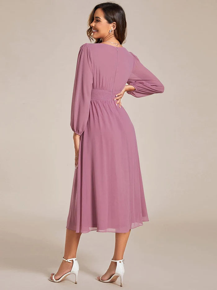 Elegant V Neck Long Sleeves Midi Wedding Guest Dress