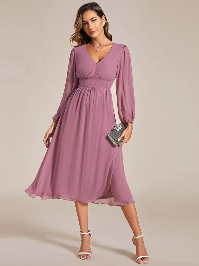 Elegant V Neck Long Sleeves Midi Wedding Guest Dress