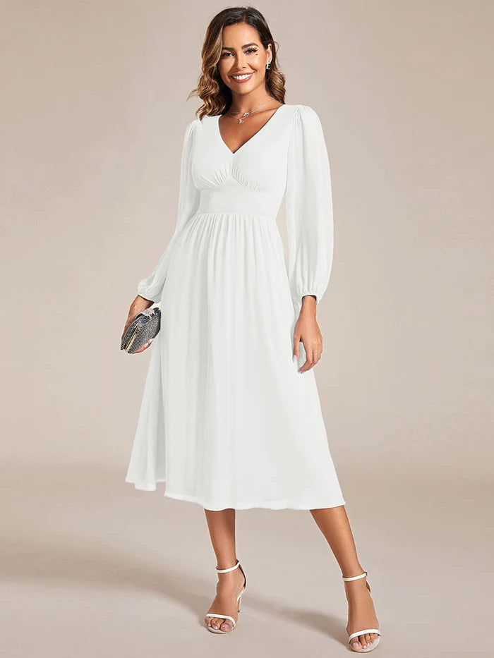 Elegant V Neck Long Sleeves Midi Wedding Guest Dress