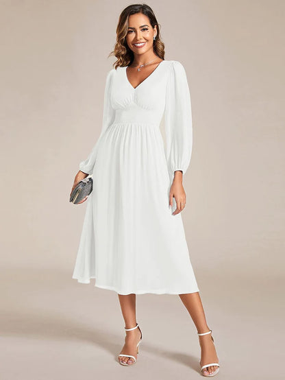 Elegant V Neck Long Sleeves Midi Wedding Guest Dress