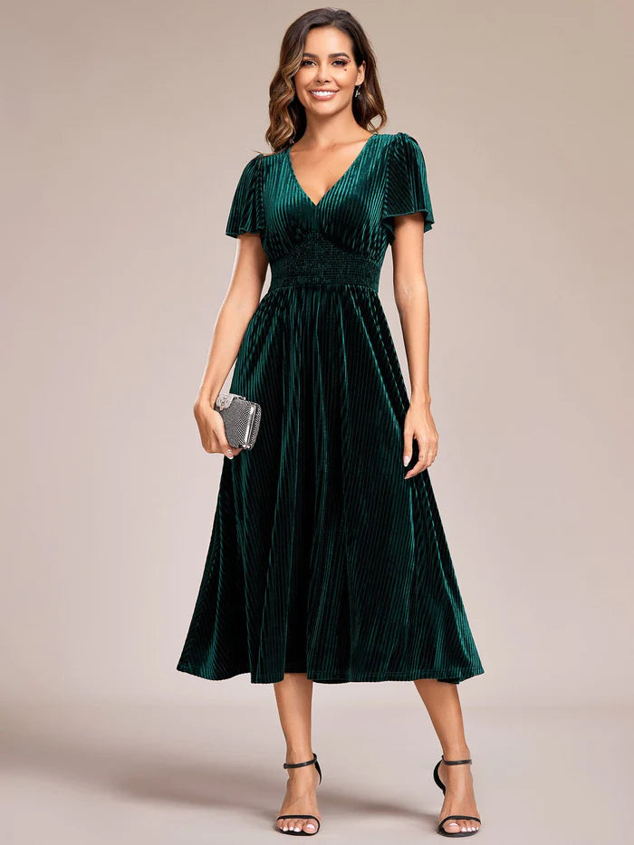 Graceful V-Neck Waist Design Short Sleeves Fall Velvet Midi Wedding Guest Dress