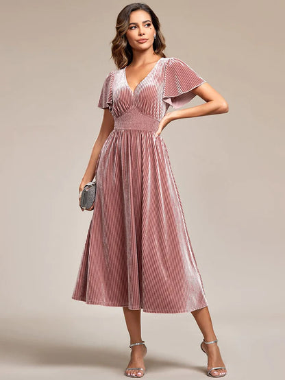 Graceful V-Neck Waist Design Short Sleeves Fall Velvet Midi Wedding Guest Dress