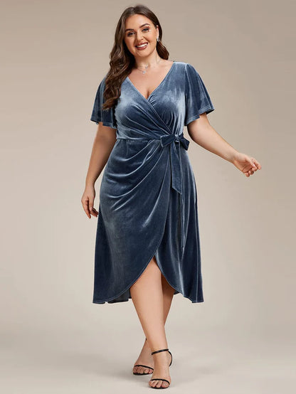 Plus Size Velvet Wedding Guest Dress with V-Neck and Flutter Sleeves