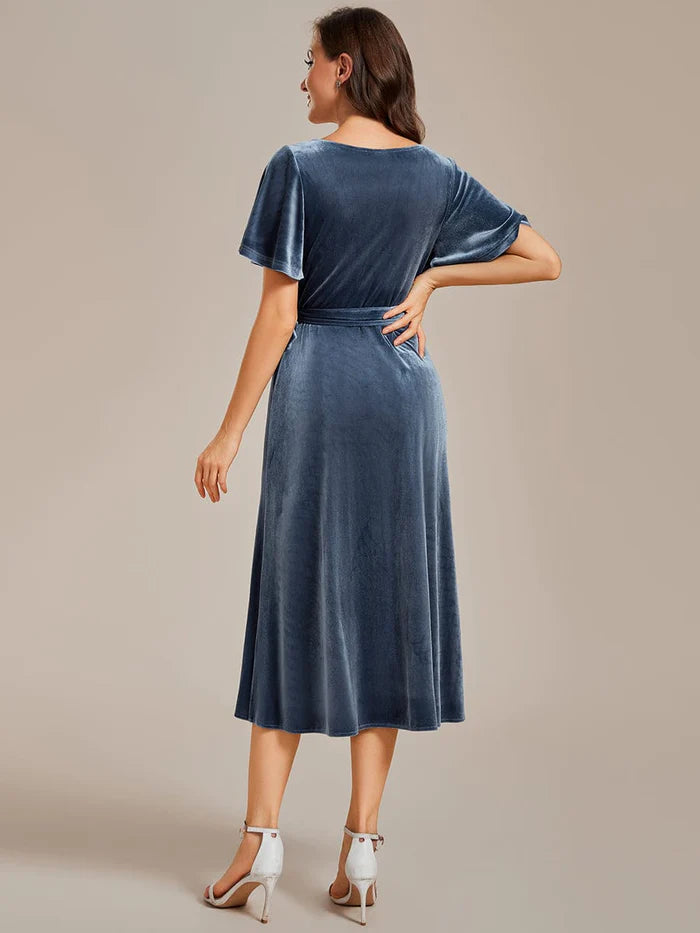 Charming Flutter Sleeves V-Neck Velvet Wedding Guest Dress