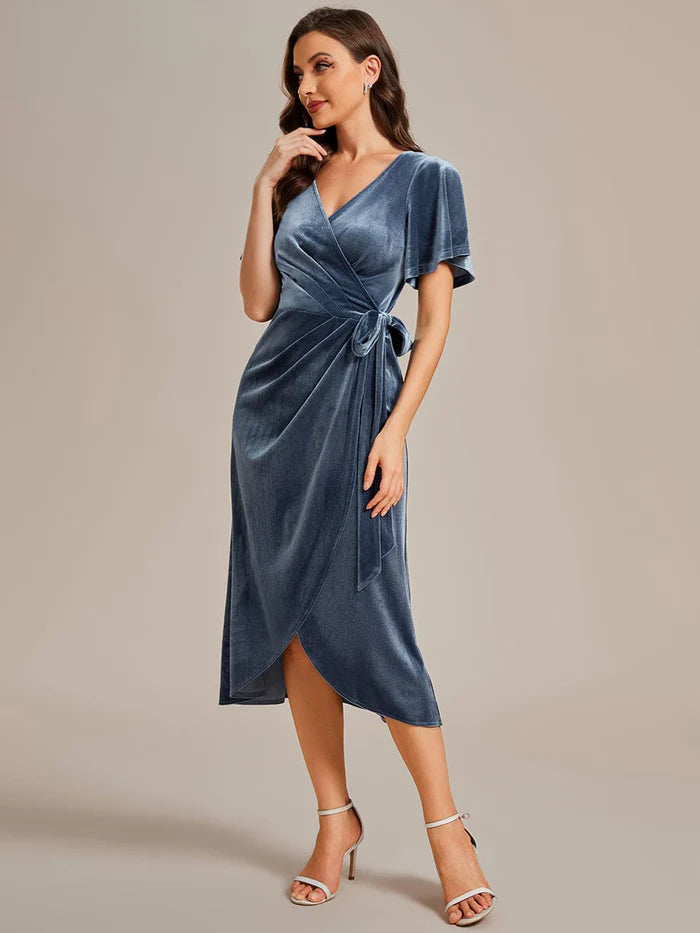 Charming Flutter Sleeves V-Neck Velvet Wedding Guest Dress