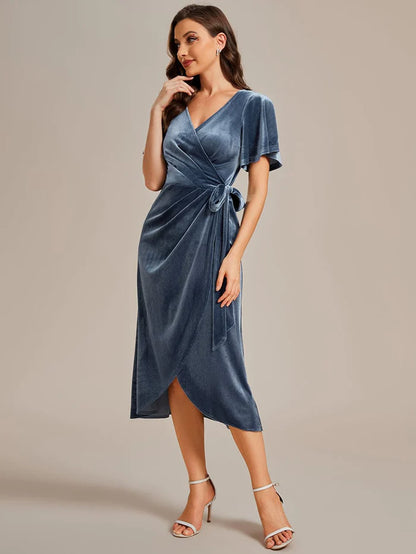 Charming Flutter Sleeves V-Neck Velvet Wedding Guest Dress