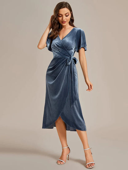 Charming Flutter Sleeves V-Neck Velvet Wedding Guest Dress