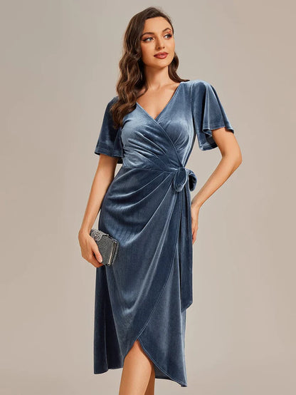 Charming Flutter Sleeves V-Neck Velvet Wedding Guest Dress