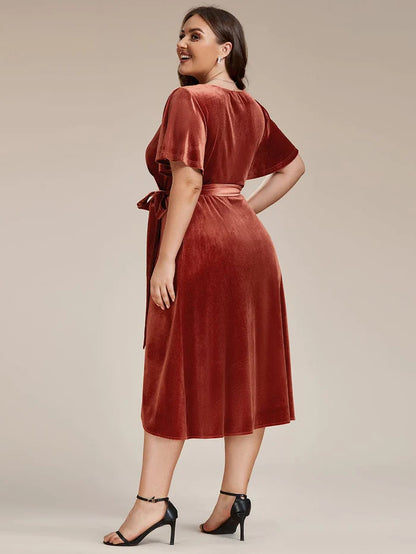 Plus Size Velvet Wedding Guest Dress with V-Neck and Flutter Sleeves