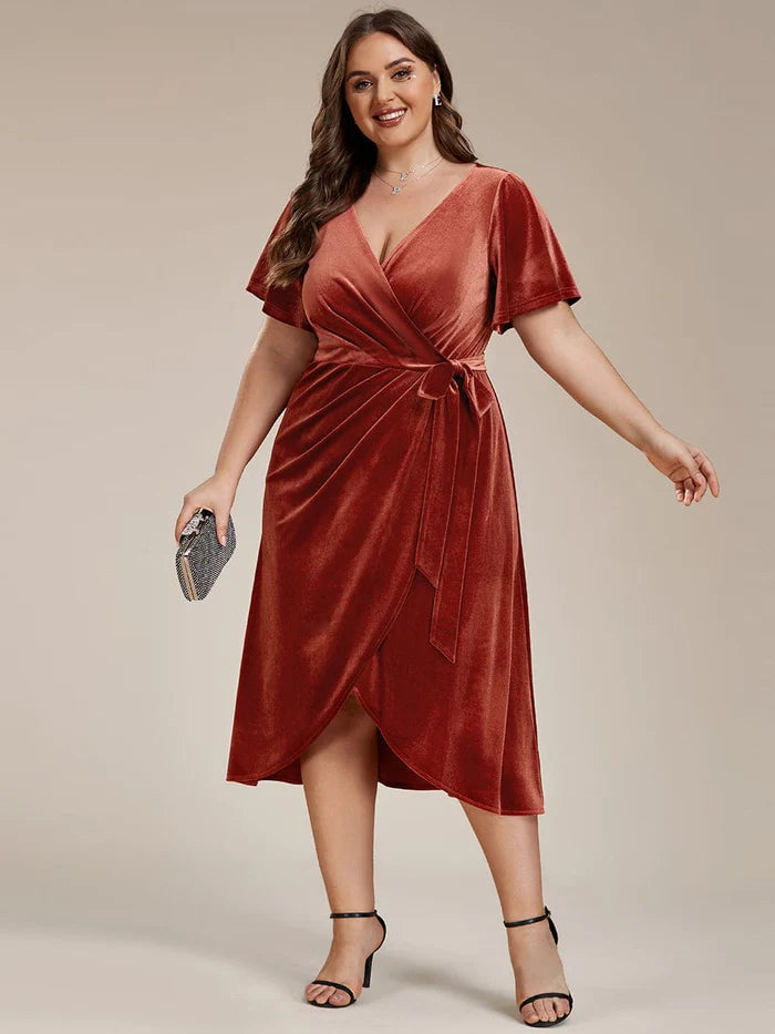 Plus Size Velvet Wedding Guest Dress with V-Neck and Flutter Sleeves