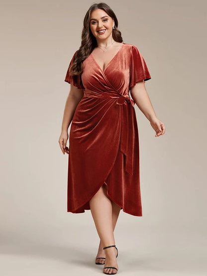 Plus Size Velvet Wedding Guest Dress with V-Neck and Flutter Sleeves