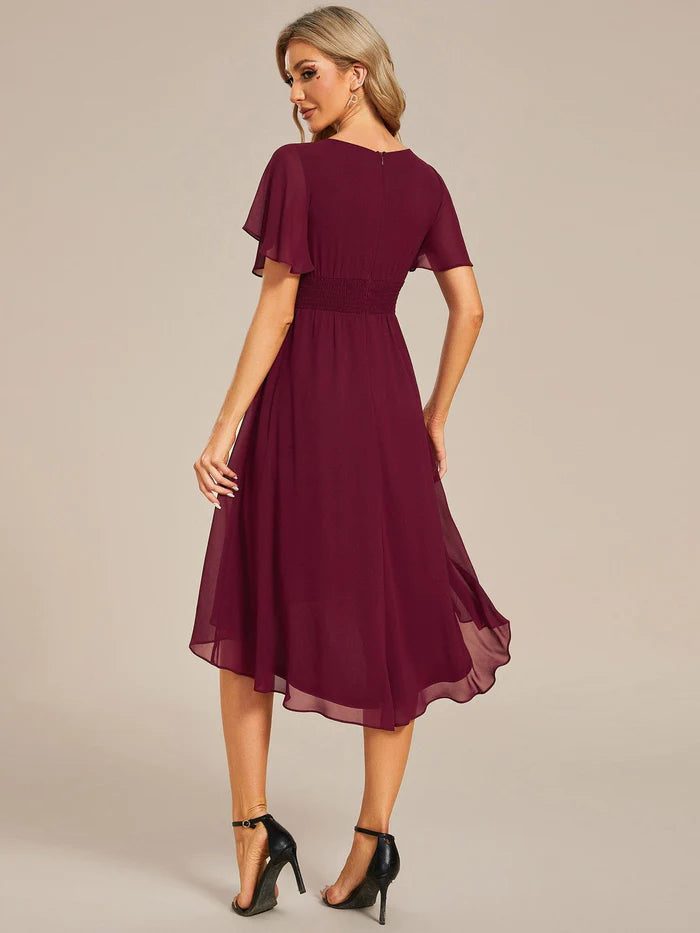 Flowy Chiffon Round Neckline A-Line Knee Length Wedding Guest Dress