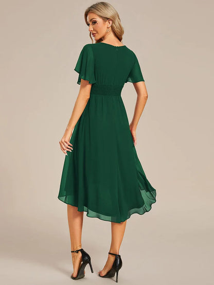 Flowy Chiffon Round Neckline A-Line Knee Length Wedding Guest Dress